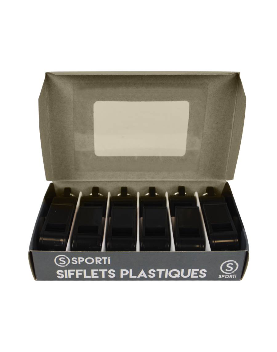 Box of 12 plastic whistles