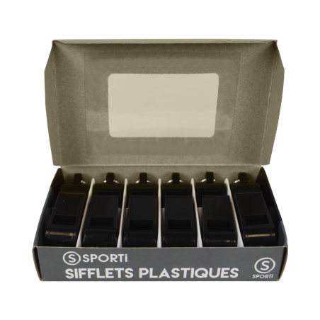 Box of 12 plastic whistles