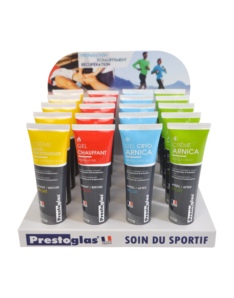 Set of 20 sport gels and creams + display