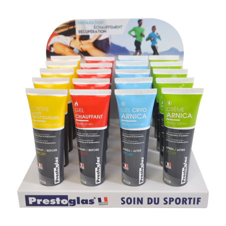 Set of 20 sport gels and creams + display
